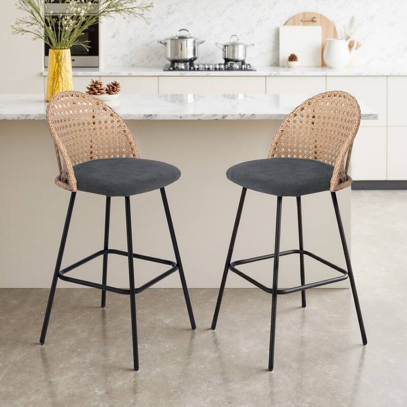 Coastal Rattan Back Counter Height Upholstered Bar Stools