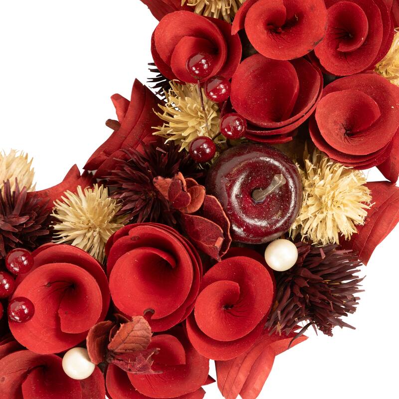 Red Wooden Roses with Apples and Pearls Artificial Christmas Wreath 13-Inch Unlit. - 13"