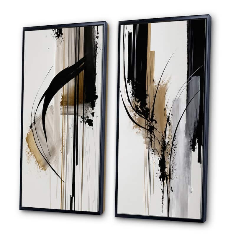 Designart "Black, White And Gold Expression I" Abstract Framed Canvas Set Of 2 For Living Room Decor