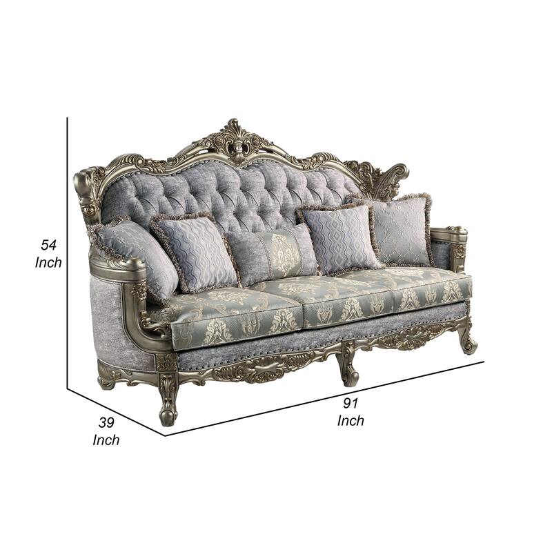 Royale Sofa, 5 Throw Pillows, Gray Fabric, Antique Bronze Wood 91 Inch