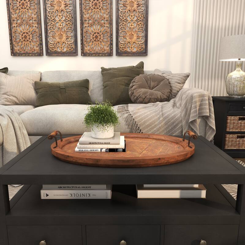 Brown Wood Large Oval Living Room Decor Tray with Scroll Metal Handles