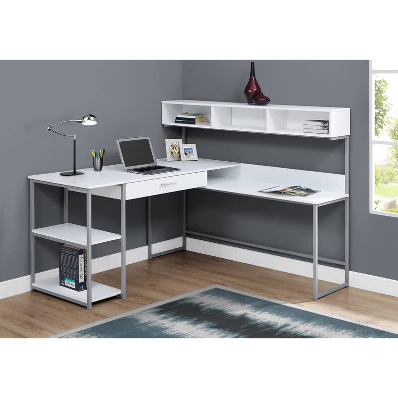 L-Shaped Computer Desk with Storage & Metal Base - White+Silver