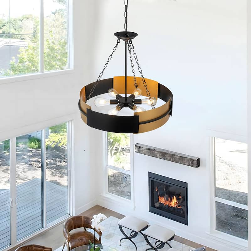 Starsky 6-Light Sleek Black & Gold Industrial Drum Chandelier