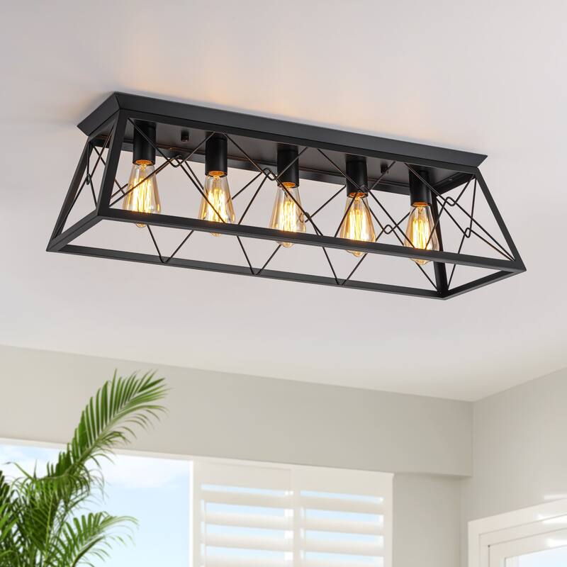 Starsky 5-Light Linear Farmhouse Rectangular Open Cage Flush Mount - Classic Sleek Black