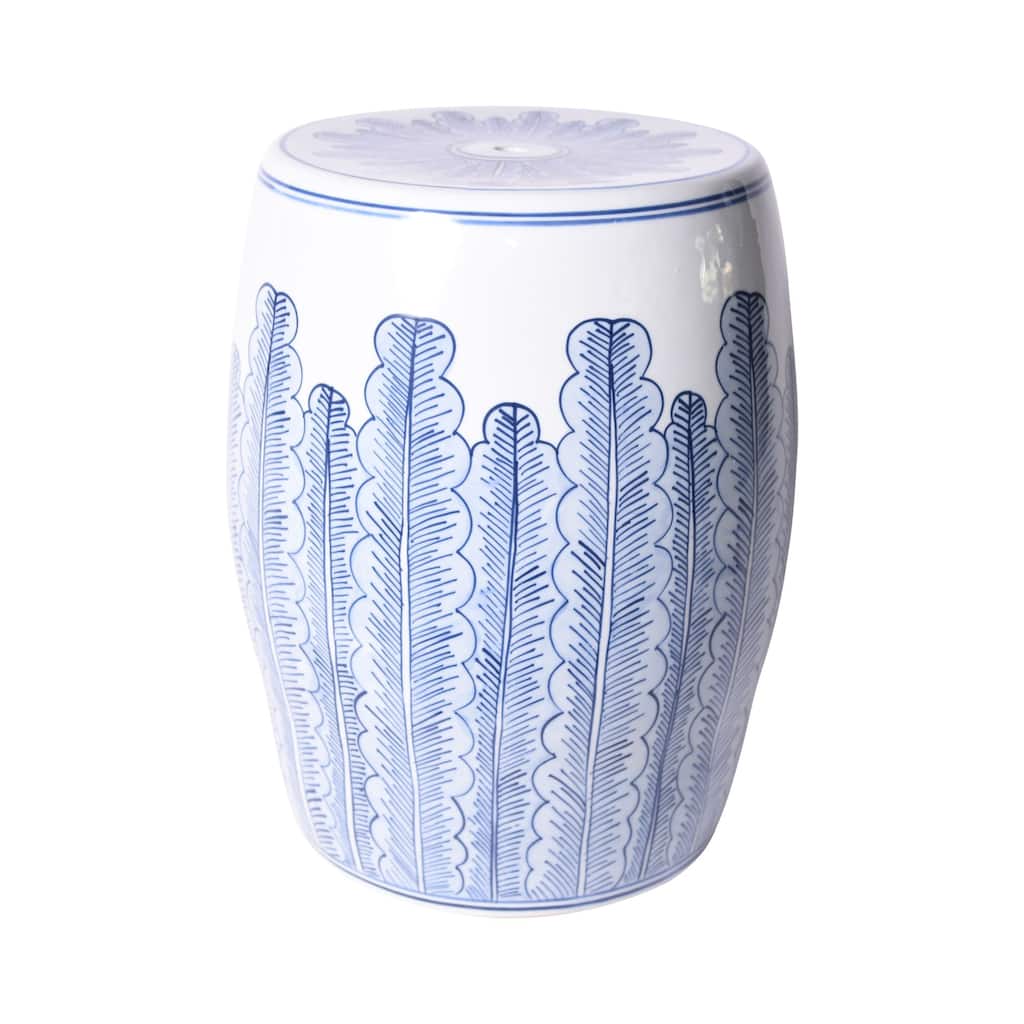Blue And White Porcelain Banana Leave Garden Stool - 13x13x17