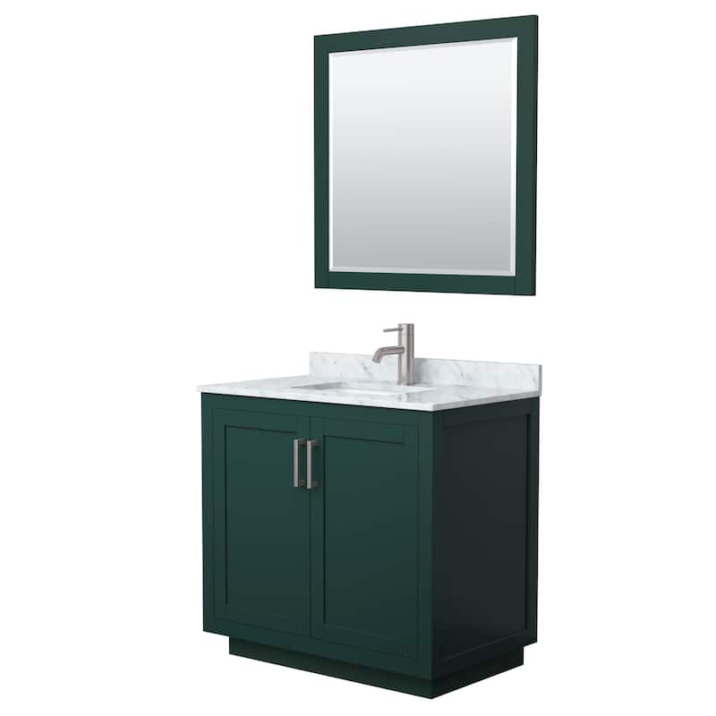 Miranda Single Vanity Set, White Carrara Marble Top, 34-Inch Mirror - 36-Inch Single - Green, Nickel Trim, White Carrara Marble Top