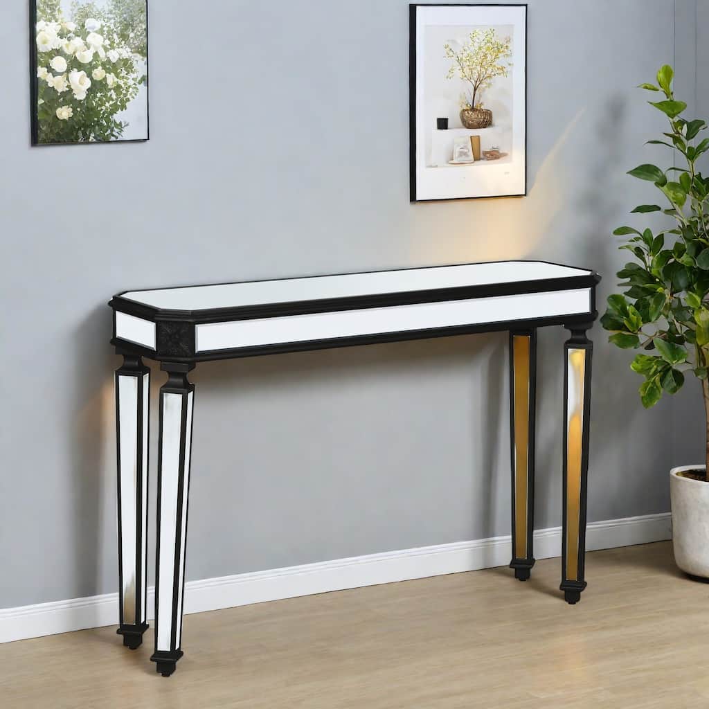 48" Solid Wood Mirror Effect Console Table - Vintage Wood Carving with Modern Reflective Design