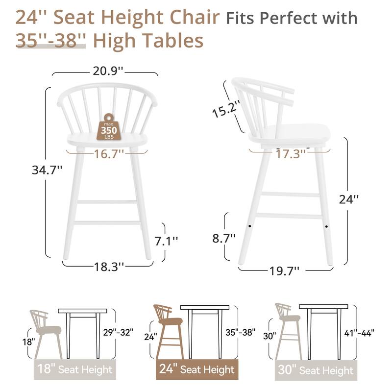 Set of 2 Counter Height 24.in Bar Stools for Kitchen Island with Solid Wood and Spindle Back Barstool