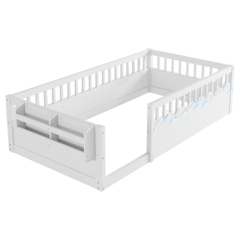 Montessori Floor Bed Frame with High Rails, Wood Toddler Floor Bedframe with Light and Headboard Storage Shelf for Kids Room