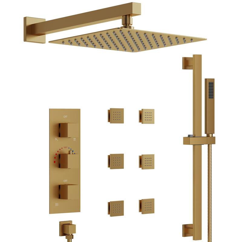 Thermostatic Shower System 12" High-Pressure Rainfall Shower Head with Slide Bar Hand Shower - Brushed Gold