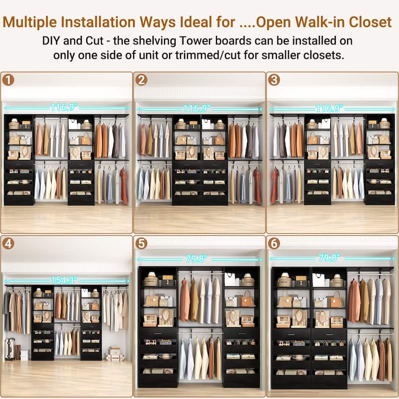 Set of 2 Closet System with Wooden Drawers and Hanging Rods, Closet Organizer with Adjustable Storage Shelves