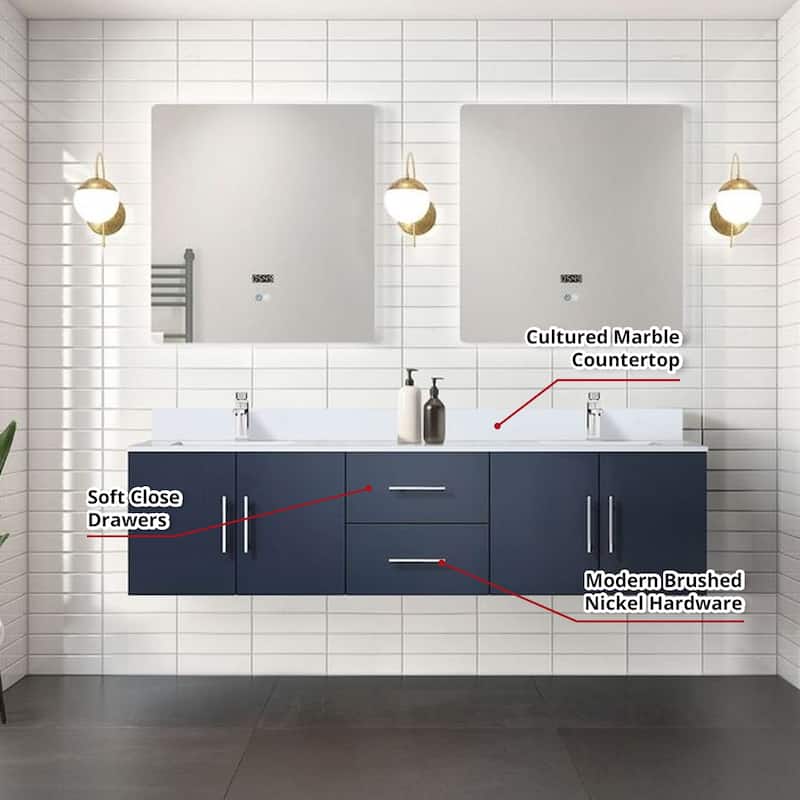 Geneva 72 in. W x 22 in. D Dark Grey Double Bath Vanity, Cultured Marble Top, Faucet Set, and 30 in. LED Mirrors
