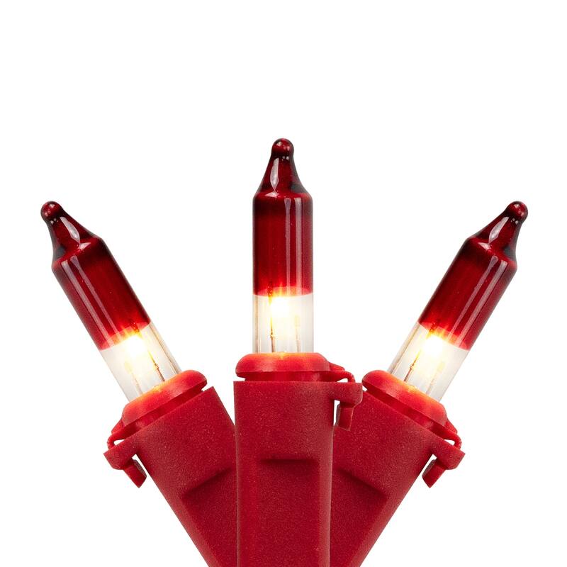 Mini Christmas Light Set- Clear with Red Tips - 10' Red Wire - 50ct
