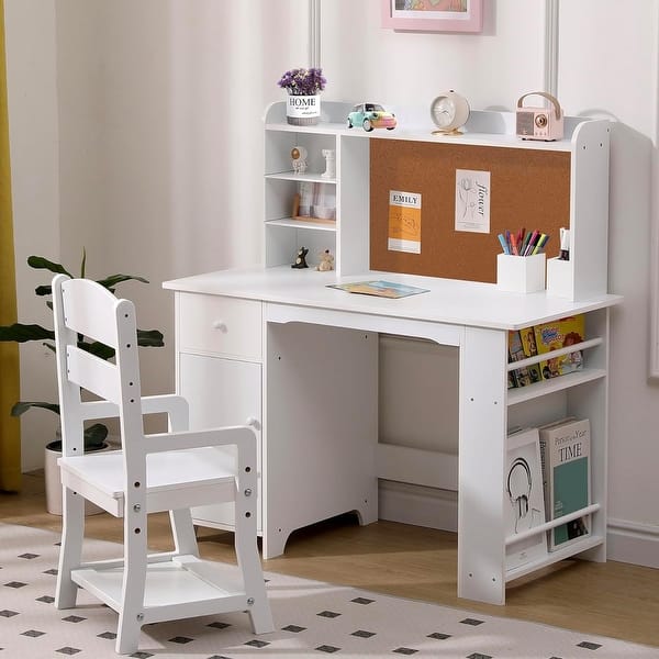 slide 2 of 10, Kids Desk and Chair Set, Wooden Study Table with Storage Shelf White