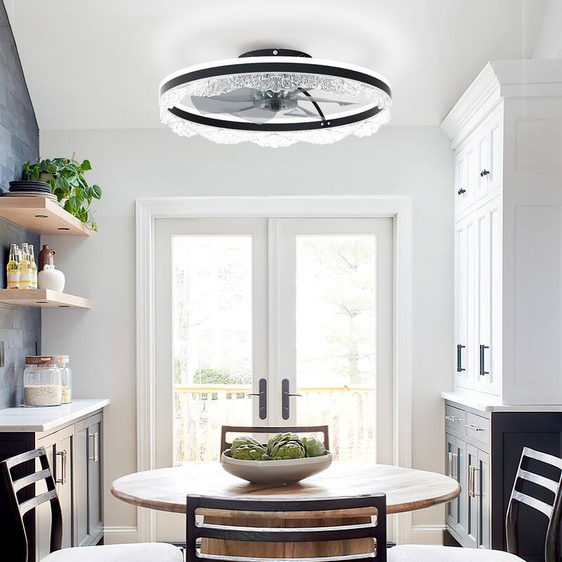 Smart Silent LED Ceiling Fan with Light Crystal Flush Mount, Hidden Blades