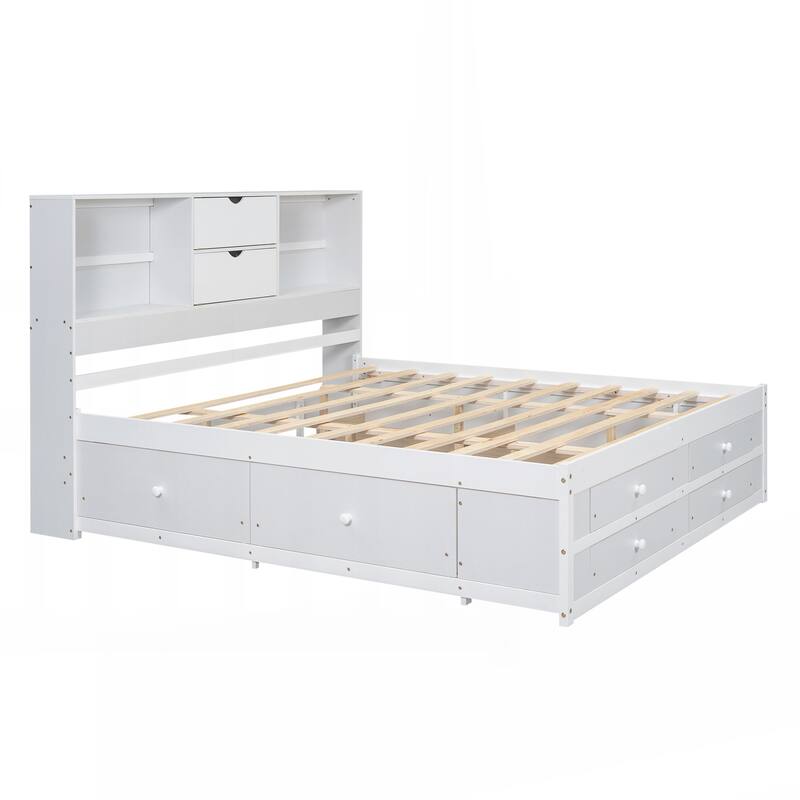 King Size Platform Bed with Storage Headboard and 8 Drawers
