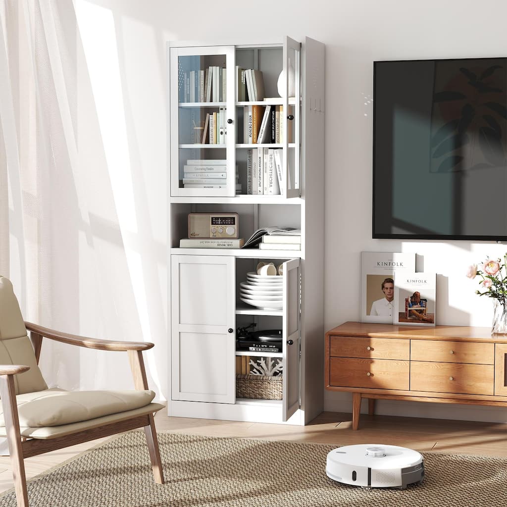 Storage Cabinet with Adjustable Shelves, Heavy Duty Kitchen Pantry Cabinet, Freestanding Cabinet with Glass & Metal Doors