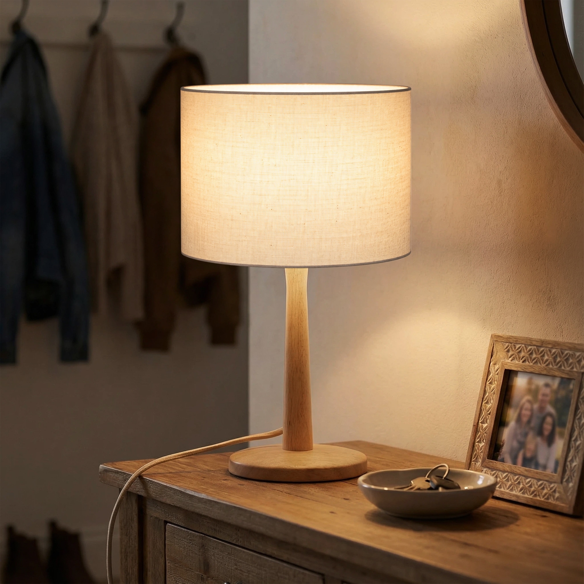 16.3" Modern Table Lamp with Natural Wood Base, Linen Fabric Drum Shade for Bedroom, Living Room, Nightstand
