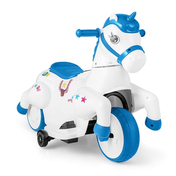 slide 2 of 16, Kids 12V Unicorn Ride-On Toy with Training Wheels Fun and Safe Horse Riding Mode - 27” L x 15” W x 22.5” H Navy