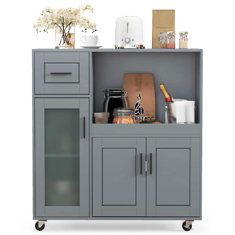 Gymax Kitchen Island Cart on Wheels Microwave Cabinet w/ Frosted