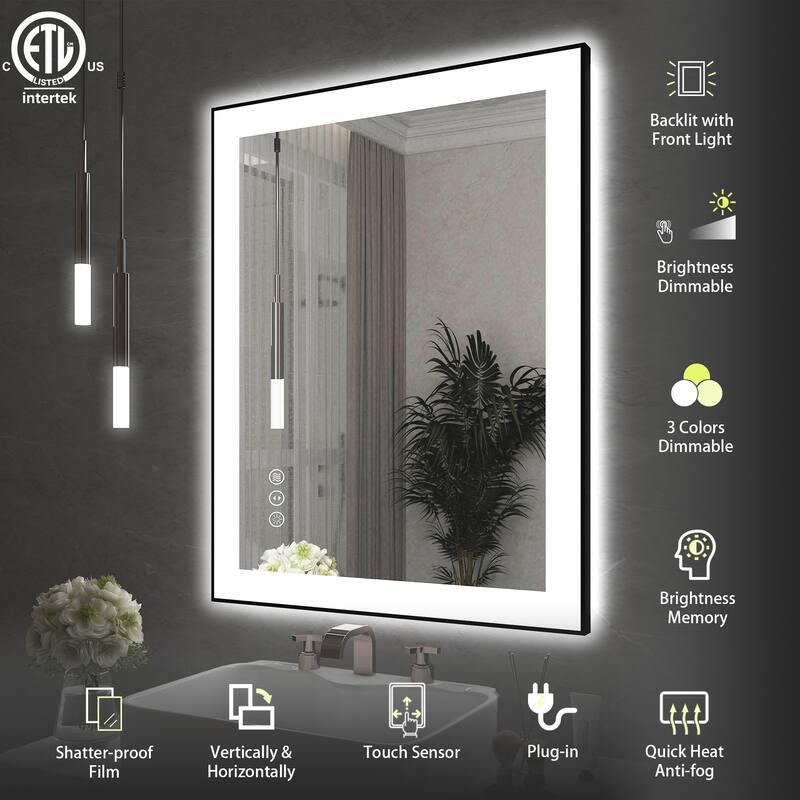 Rectangular Aluminum Framed Backlit and Front Light LED Wall Bathroom Vanity Mirror - N/A