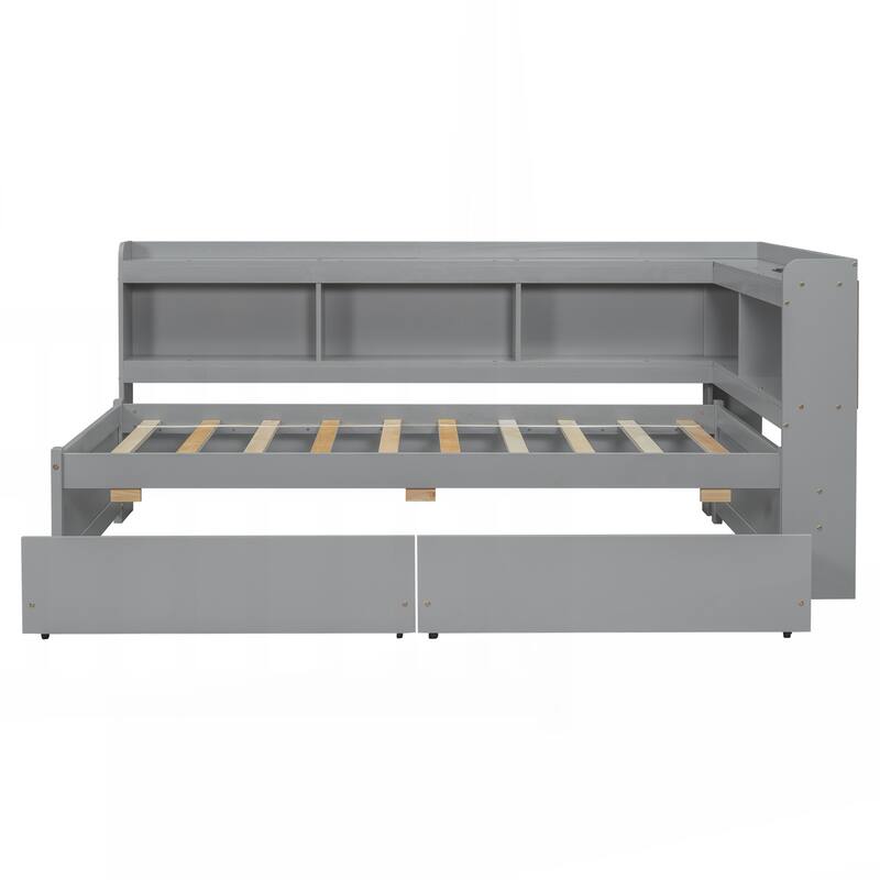 Twin Size L-shaped Bookcases Bed with Power Outlets, USB Charging Ports,Two Drawers