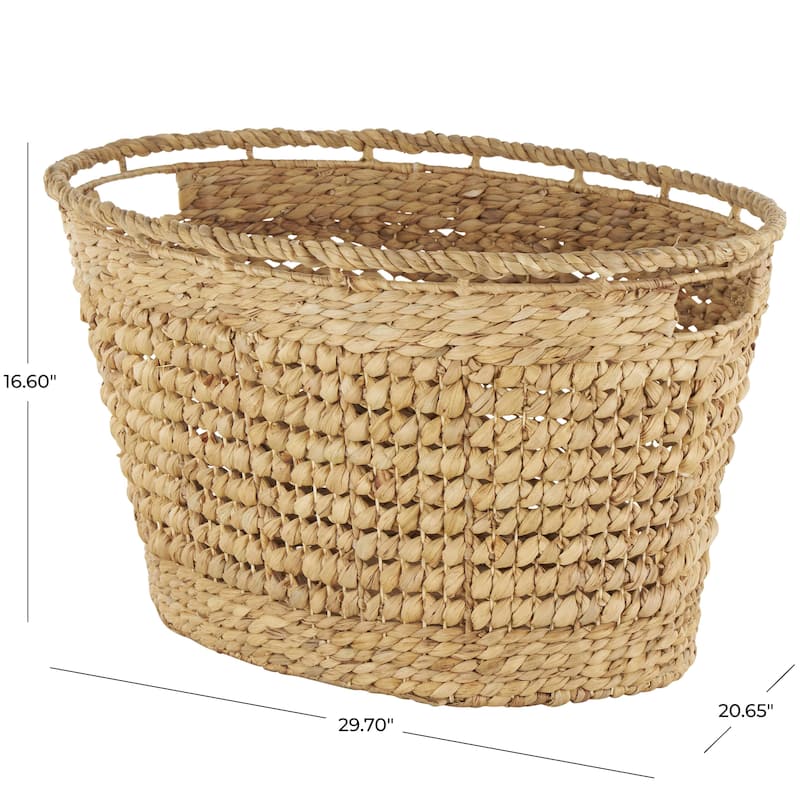 Brown Seagrass Handmade Woven Oval Decorative and Functional Storage Basket with Elevated Rim and Slot Handles