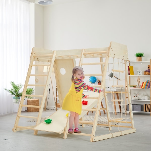 EROMMY 8-in-1 Wooden Climbing Gym for Kids - Indoor Playground Set