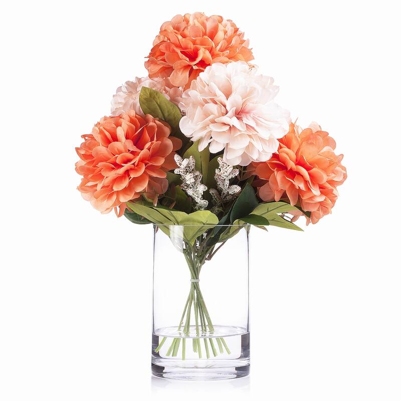 Enova Home 7 Heads Mixed Artificial Silk Dahlia Fake Flowers Arrangement in Glass Vase with Faux Water for Home Wedding Decor