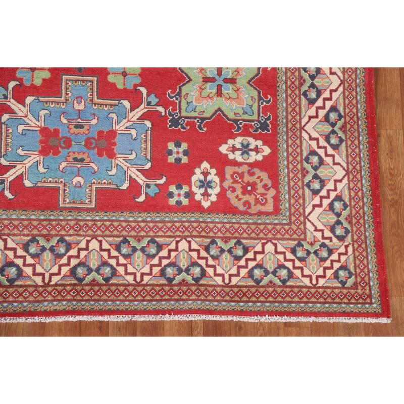 Hand Knotted Oriental 100% Wool Carpet Traditional Geometric Red Kazak Area Rug - 9' 10'' X 6' 5''
