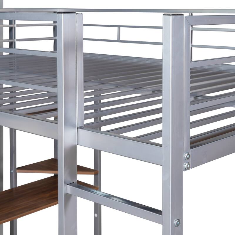 Full Size Metal Loft Bed with Desk and Shelves, Integrated Ladder and Guardrails
