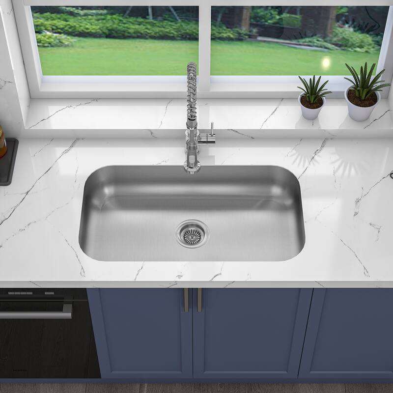 Sinber Undermount Single Bowl 304 Stainless Steel Kitchen Sink -  30" x 18" x 5"(Sink Only) - Silver