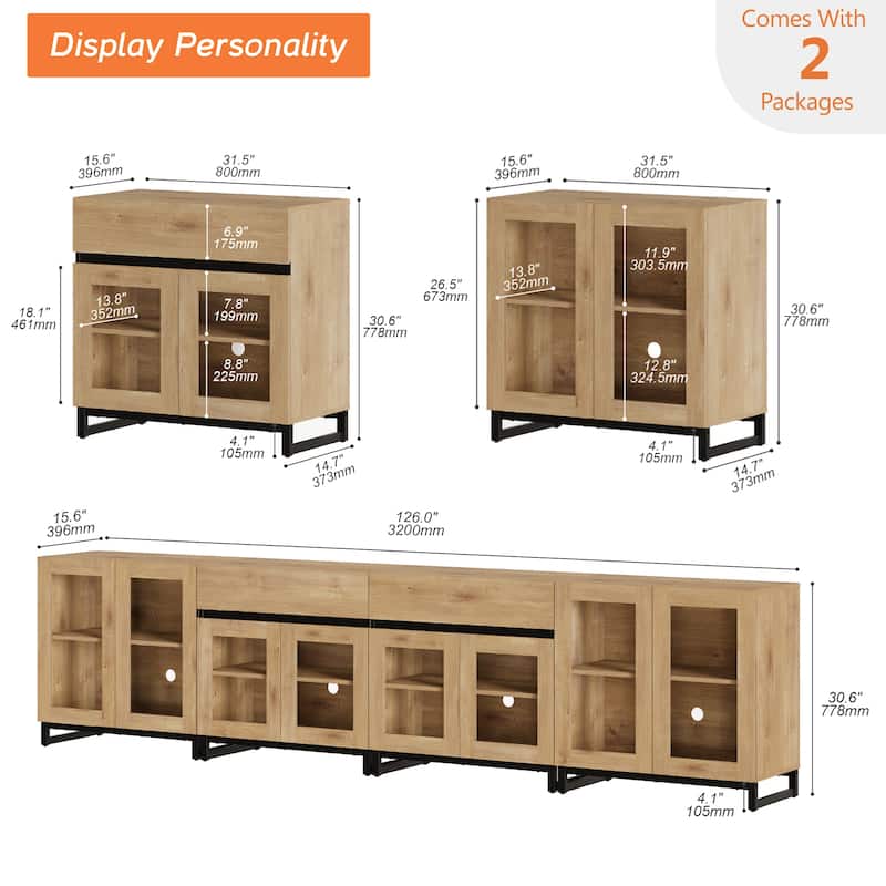 4-in-1 TV Stand for 120" TVs, Modern Console with Glass Doors & 2 Drawers