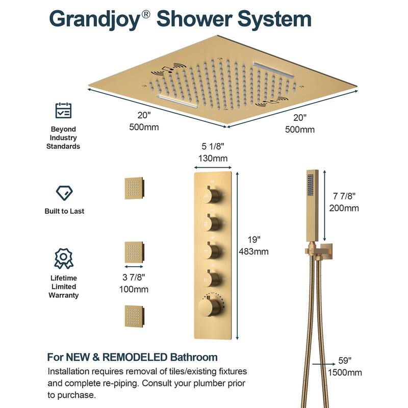 GRANDJOY LED Music Shower System 20" Shower Head with 3 Body Jets