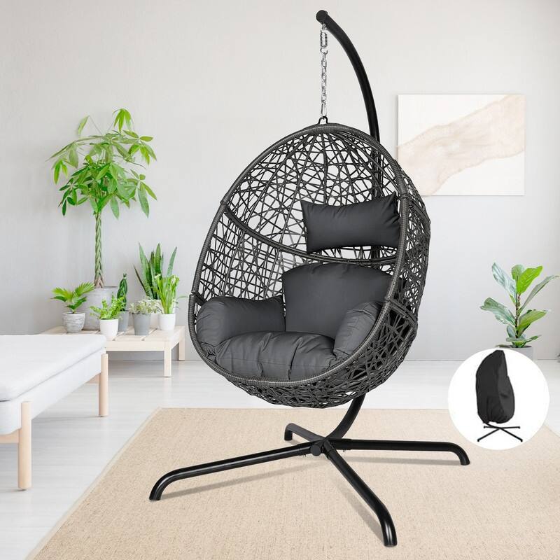 Oversized Outdoor Egg Chair with Stand, 450lbs Capacity Wicker Hanging Swing Chair, Extra Large Patio Lounge Chair with Cushions - Dark Grey/Cover