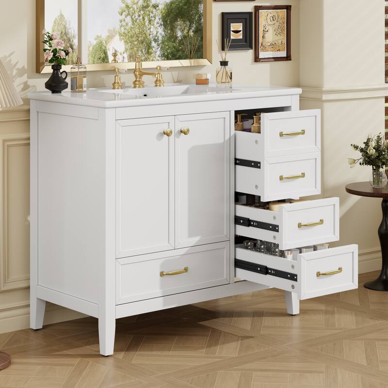 36" Bathroom Vanity with Ceramic Sink Freestanding Bathroom Storage Cabinet with Soft-Closing Door and 4 Drawers