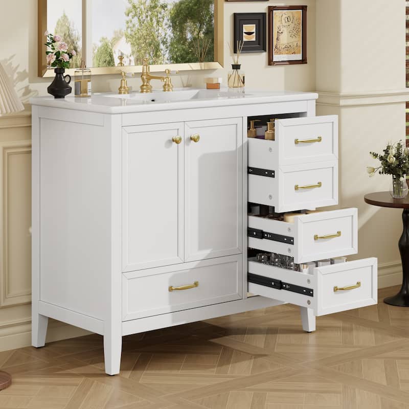 36" Bathroom Vanity with Sink, Bathroom Cabinet with Soft-Closing Door, 4 Drawers of Different Sizes, Solid Wood Frame and Leg