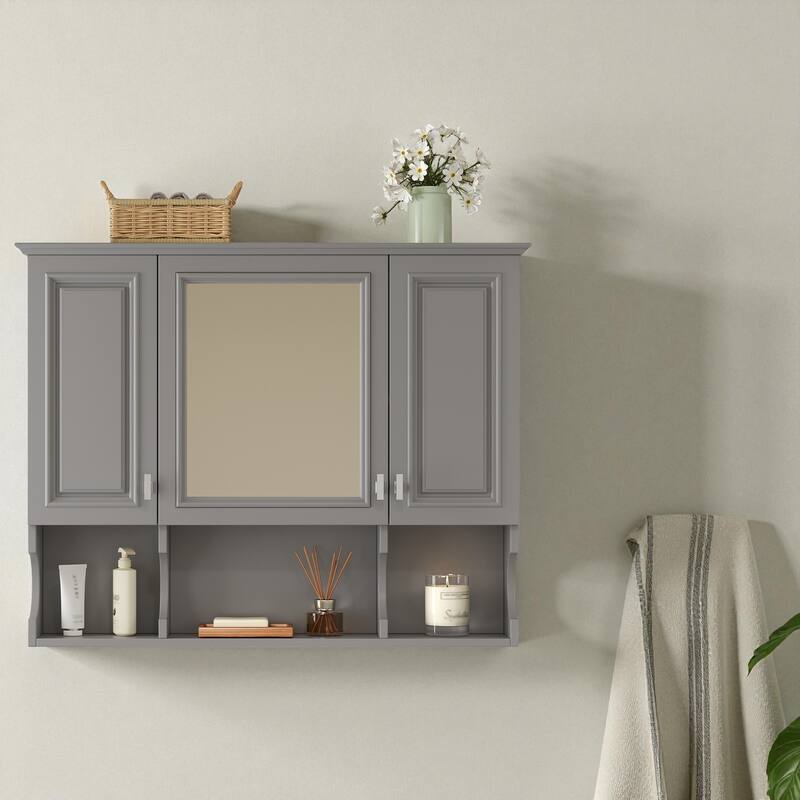 35 Inch Bathroom Mirror Cabinet, Wall Mounted Medicine Cabinet with 3 Doors and Open Shelves, Modern Storage Organizer