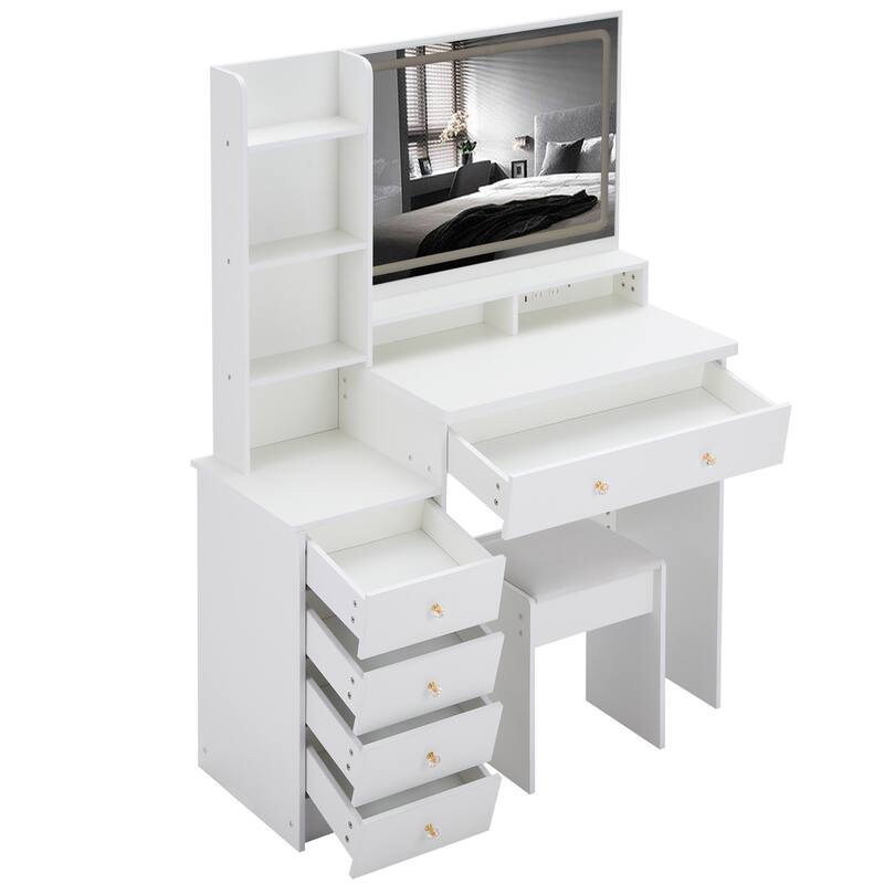 Vanity Desk with Touch Control LED Mirror, Makeup Table with Hair Dryer Stand, Vanity Table Set with Cushioned Stool
