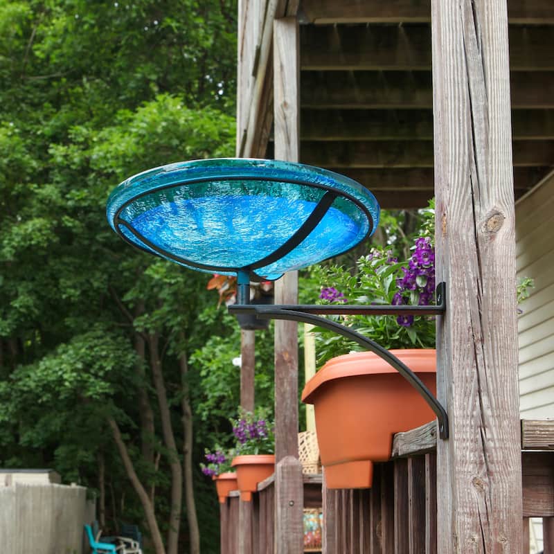 Achla Designs 14"Dia. Round Crackle Glass Birdbath w/Black Wrought Iron Wall Mount Bracket
