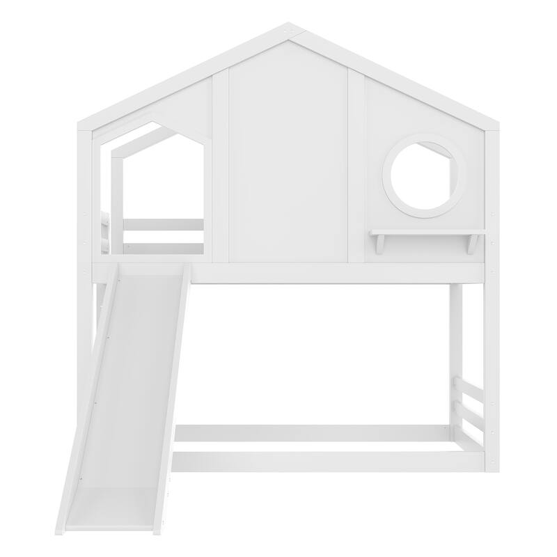 Twin House Bunk Bed with Slide & Storage Shelves - Solid Wood, Childlike Design, Window