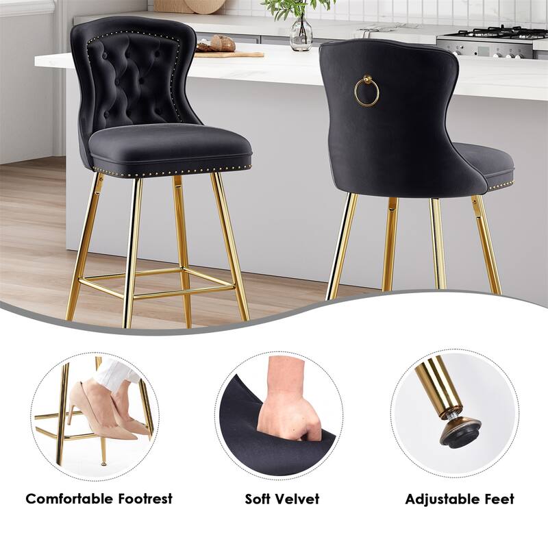 Velvet Bar Stools with Metal Legs, Button Tufted and Nailheads Trim (Set of 2)