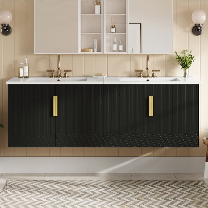 60"Vanity With Ceramic Sink,With 3 Holes Single Ceramic Sink,Storage Vanity Cabinet With 2 Soft Closing Doors - Black