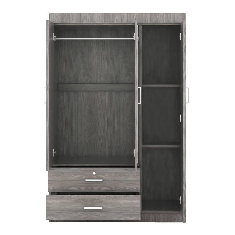 Modern 3-Door Mirror Wardrobe with Shelves and 2 Drawers, Grey - Grey