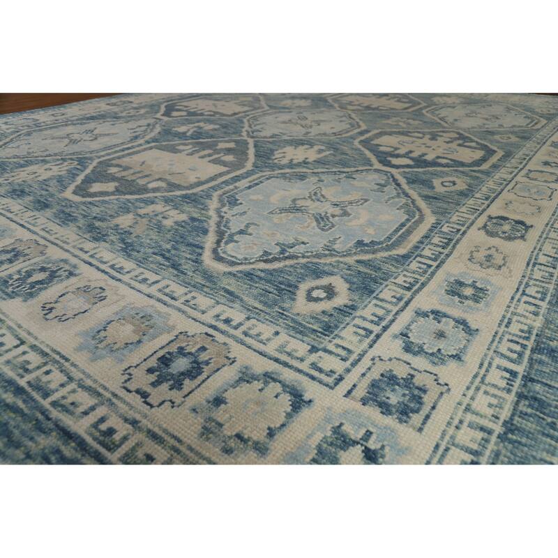 Hand Knotted Oriental 100% Wool Carpet Transitional All-Over Navy Blue & Blues Oushak Area Rug - 12' 7'' X 9' 5''