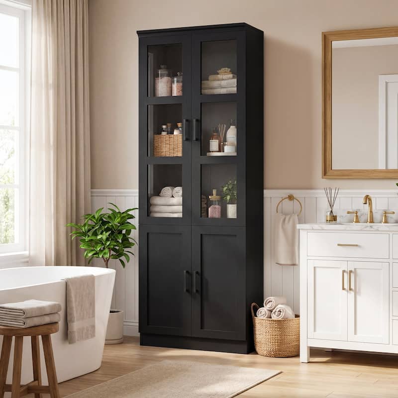 80" Tall Display Bookcase with Glass Doors and Adjustable Shelves,Freestanding Storage Bookshelf for Living Room, Home Office.