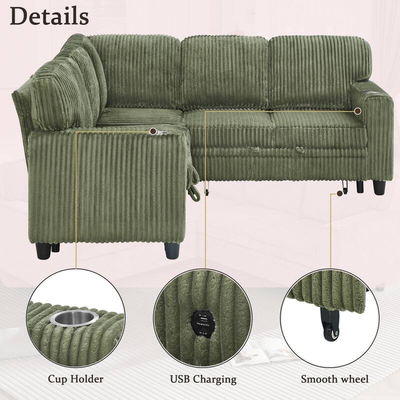 81" L-Shaped Corduroy Sectional Sofa with Pull-Out Bed