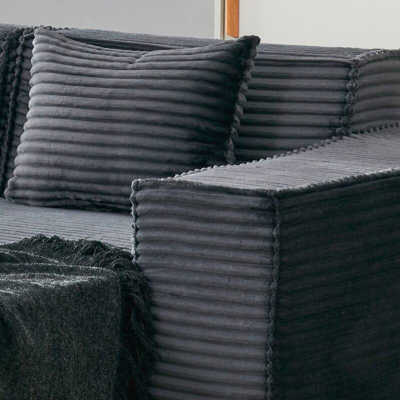 L-Shaped Modular Sectional Sofa with Ottoman, Striped Corduroy Deep Seat Cloud Couch, Large 4-Seat Corner Sofa