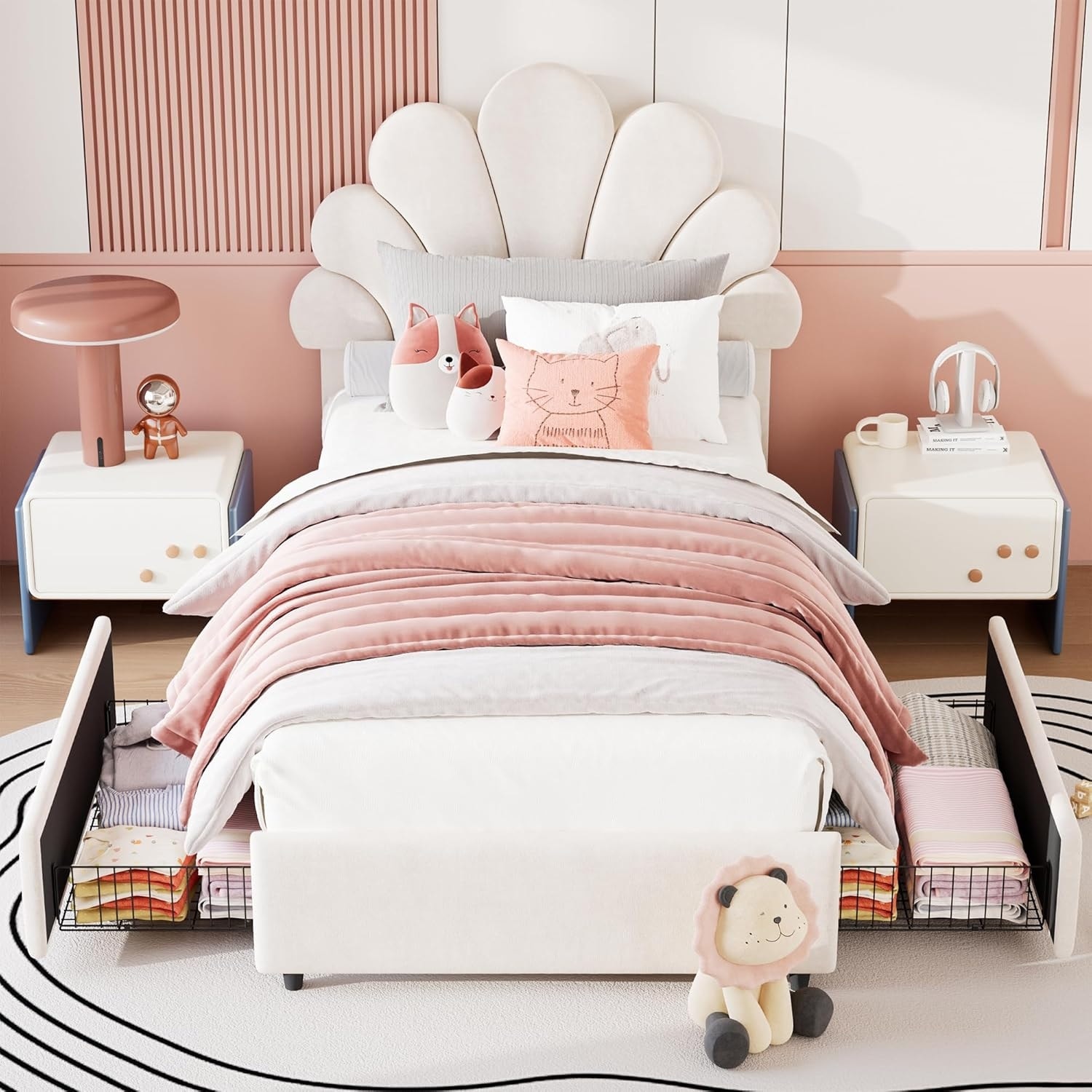 Twin Size Bed Frame for Kids Girls Boys - Upholstered Princess Velvet Platform Bed with Headboard