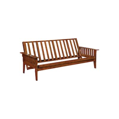 Wooden Futon Frame with Slated Design and Chamfered Legs, Brown